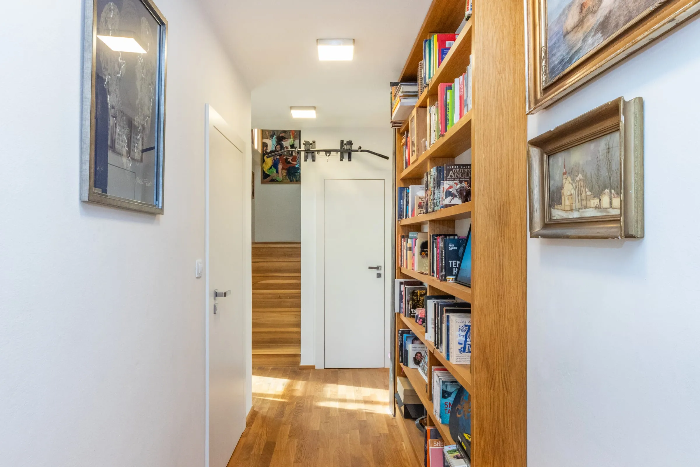 Hallway lined with books and paintings, with a pull-up bar in the doorway